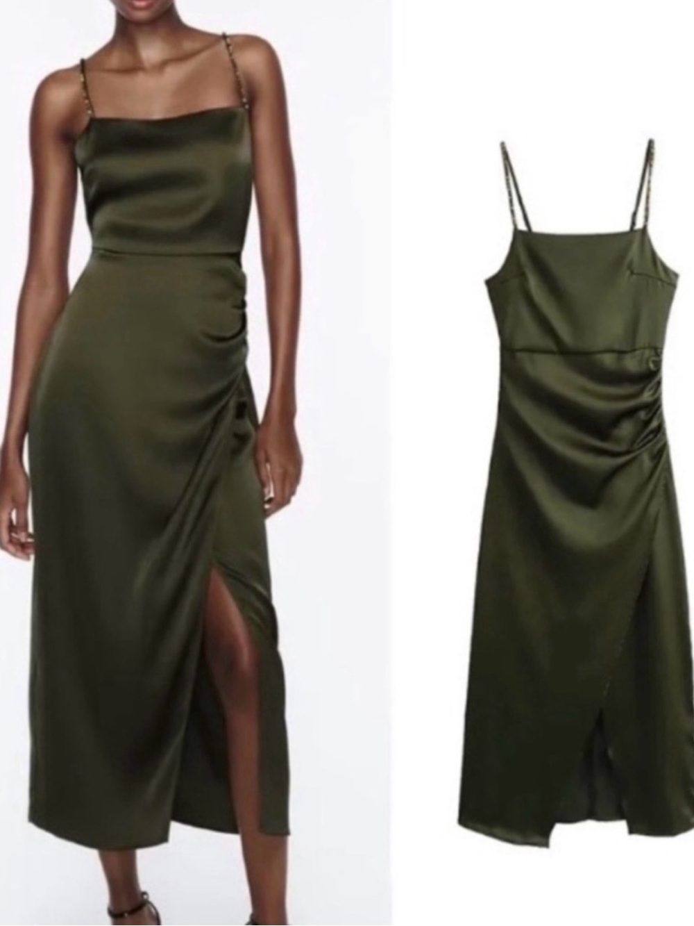 Zara NWT Olive Green Satin Effect Midi Dress Beaded Straps XS